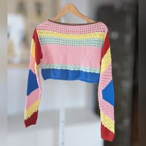 100% Cotton Crochet Cropped Sweater L